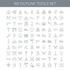 100 tools outline icons set such as Nuts and Bolts linear, Garag