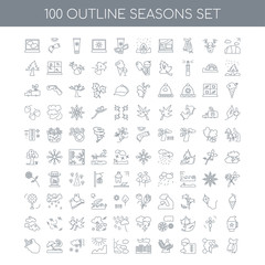 100 Seasons outline icons set such as Field linear, Bee Thermome