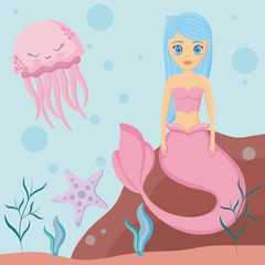 Obraz na płótnie Canvas cute siren with octopus and starfish