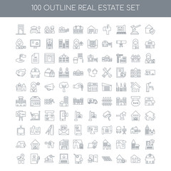 100 Real estate outline icons set such as Guarantee linear, Depo