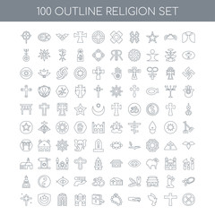 100 religion outline icons set such as Angel linear, Cross Dove