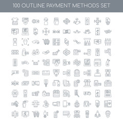 Fototapeta na wymiar 100 Payment methods outline icons set such as Transfer linear, B