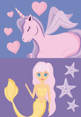 cute siren with unicorn of fairy tale