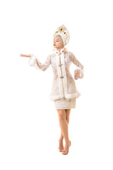 Beautiful, happy, emotional young woman dressed like Santa Claus smiling. Christmas-New year carnival.