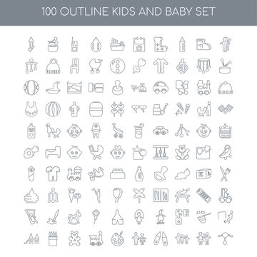 100 Kids And Baby Outline Icons Set Such As Happy Children Linea