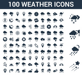 100 weather universal icons set with Shooting star, Rainy, Snow, Snowy, Placeholder, Cloudy