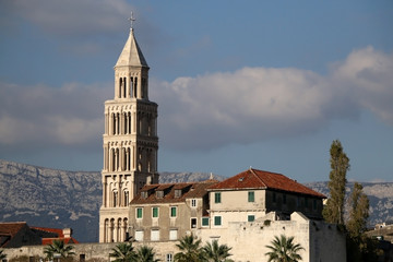 Fototapeta na wymiar Saint Domnius bell tower and old houses in Split, Croatia. Split is popular coastal travel destination.