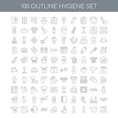 100 Hygiene outline icons set such as Hands linear, Toilet paper