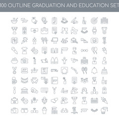 Fototapeta na wymiar 100 Graduation and Education outline icons set such as Universit