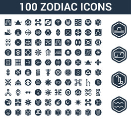 100 Zodiac universal icons set with Aquarius, Capricorn, Cancer, Libra, Scorpio, Leo, Virgo, Gemini, Aries, Sagittarius