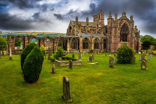 Graveyard and Ruins of Melrose Abbey in Scotland