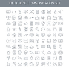 100 Communication outline icons set such as Speaking linear, Cha