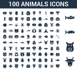100 animals universal icons set with Cow, Pig, Tuna, Salmon, Elephant, Mosquito, Fox, Tiger, Goat, Frog