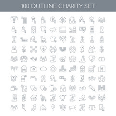 Obraz na płótnie Canvas 100 charity outline icons set such as People linear, Voluntary S