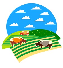 Abstract, stylized landscape of cows in a field with fluffy clouds in the sky
