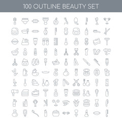 100 Beauty outline icons set such as Woman Face linear, Lips Inc