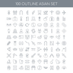 100 Asian outline icons set such as Archery linear, Ninja Katana