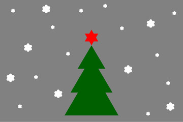 Christmas tree with decoration. Green tree with red ornamental stars in grey background. Red star on the top of a tree and snowflakes in the grey background.