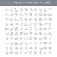 Fototapeta na wymiar 100 Airport terminal outline icons set such as Danger Sing linea