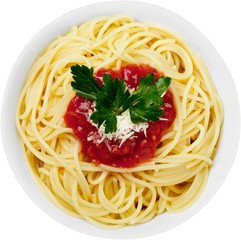 Italian pasta with tomatoes on white plate