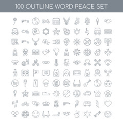100 word peace outline icons set such as Handshake linear, Dove