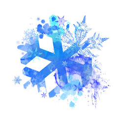 Snowflake Shape in Beautiful Watercolor Splashes. Christmas, New Year, and Winter Holidays Texture for Print, Background, Design, and Decoration. Festive Snowflake Decoration.