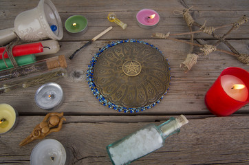 Magical instruments and ingredients on the table