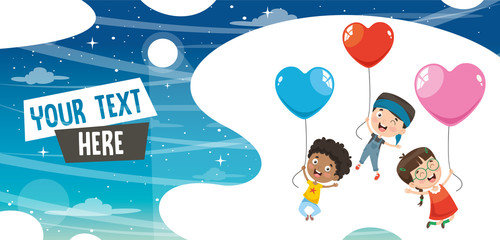 Vector Illustration Of Kids Flying With Balloons