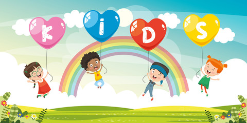 Vector Illustration Of Kids Flying With Balloons