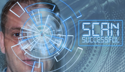 Portrait of handsome man with tech pattern on eye. Digital ID concept, eye recognition