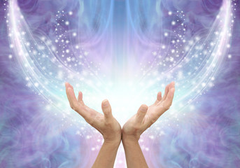 Bathing in Beautiful Healing Resonance  - female cupped hands reaching up into an arc of shimmering sparkles on a glowing purple blue ethereal energy formation background with copy space - obrazy, fototapety, plakaty