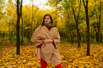 Young girl in coat standing on yellow leaves in Park in autumn.