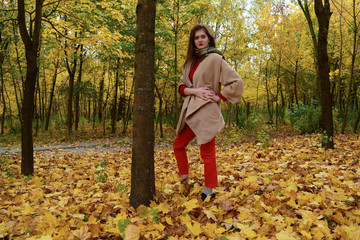 View of a young girl in a coat near a tree in the Park in the yellow autumn.