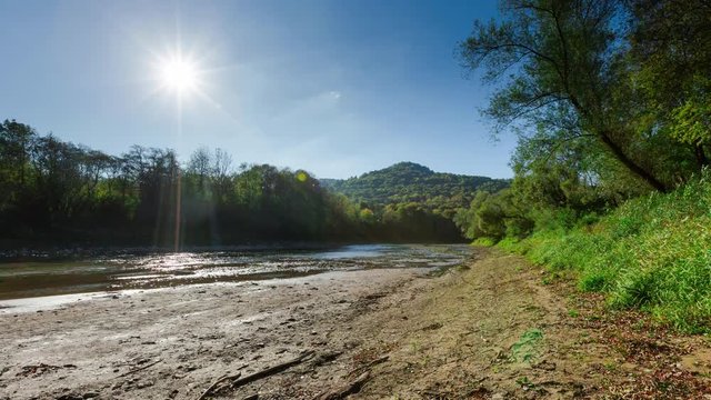 River in Bieszczady mountains. 4k time lapse landscape. 3840x2160, 24fps.