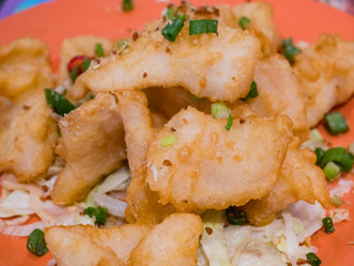 Close up shot of a Chinese style deep fried fish