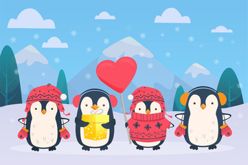 christmas penguins on snowy background