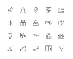 Collection of 20 travel linear icons such as Sun protection, Coc