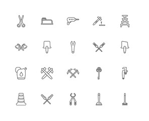 Collection of 20 tools linear icons such as Gardening Rake, Plun
