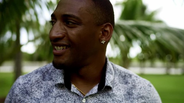 Young Black Man Portrait Looking in the camera. Miami Beach Florida US
