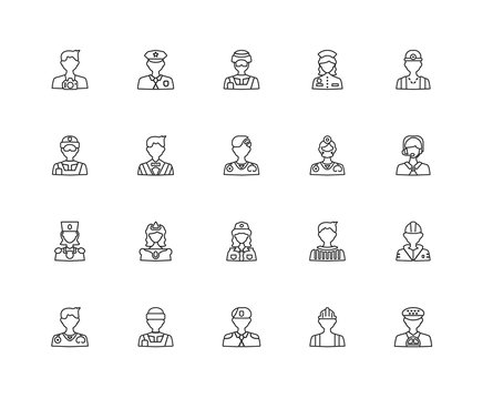 Collection of 20 Professions Jobs linear icons such as Soldier,