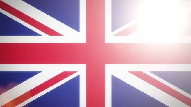 The flag of the United Kingdom, flat simple style, with a bright light flare crossing its surface.