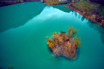 Arial View of Lake Tenno in autumn,Trento,Italy, Europa. Turquoise lake in the mountains