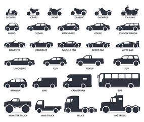 Car and Motorcycle type icons set. Title models moto and automobile
