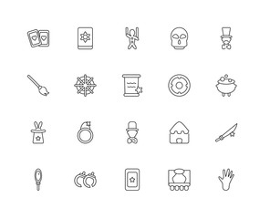 Collection of 20 Magic linear icons such as hat, Hand, Stage, Ha
