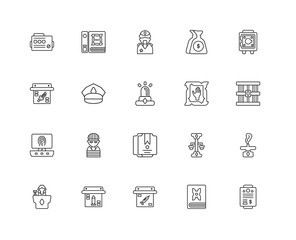 Collection of 20 law and justice linear icons such as Fingerprin