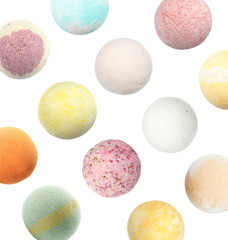 Set with aromatic bath bombs on white background