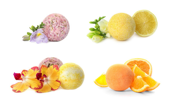 Set with aromatic bath bombs on white background