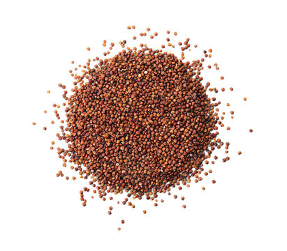 Pile of red quinoa on white background, top view