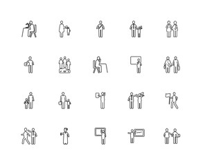 Collection of 20 humans linear icons such as Family, Graduation,