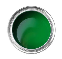 Open paint can on white background, top view